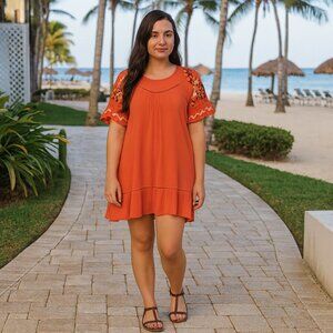 Allison Joy Short Sleeve Boho Embroidered Mini Dress Size S Orange Casual Summer